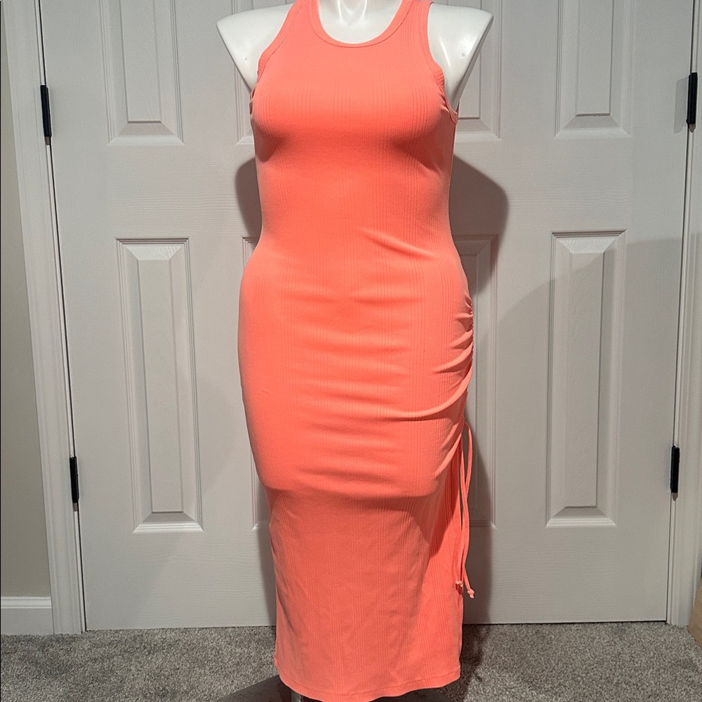 Aerie Neon Orange Ruched Ribbed Midi Dress with side slit size small‎ - Picture 3 of 7